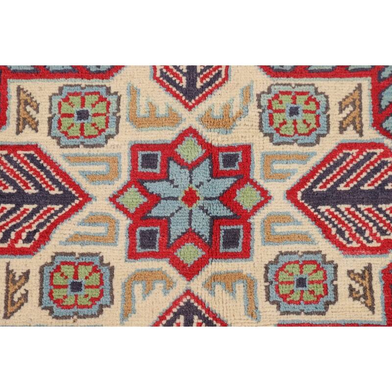 Light Blue Geometric Kazak Foyer Rug Hand-Knotted Oriental Wool Carpet - 3'5" x 4'10"