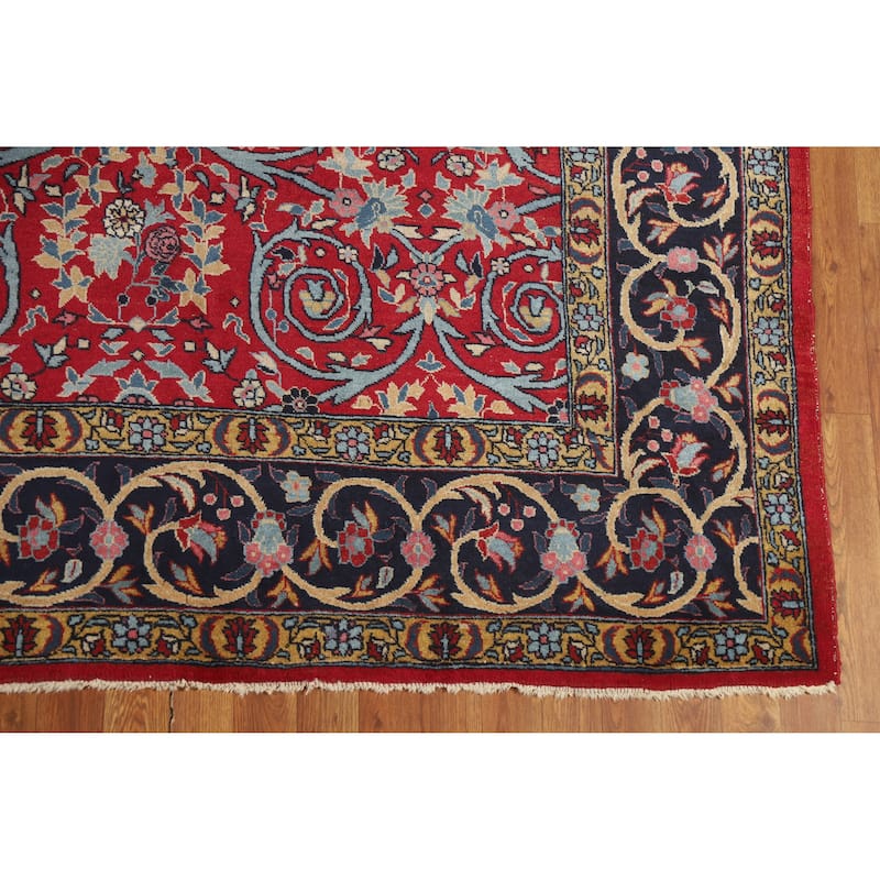 Hand Knotted Oriental 100% Wool Carpet Traditional All-Over Red Kerman Area Rug - 12' 2'' X 9' 2''