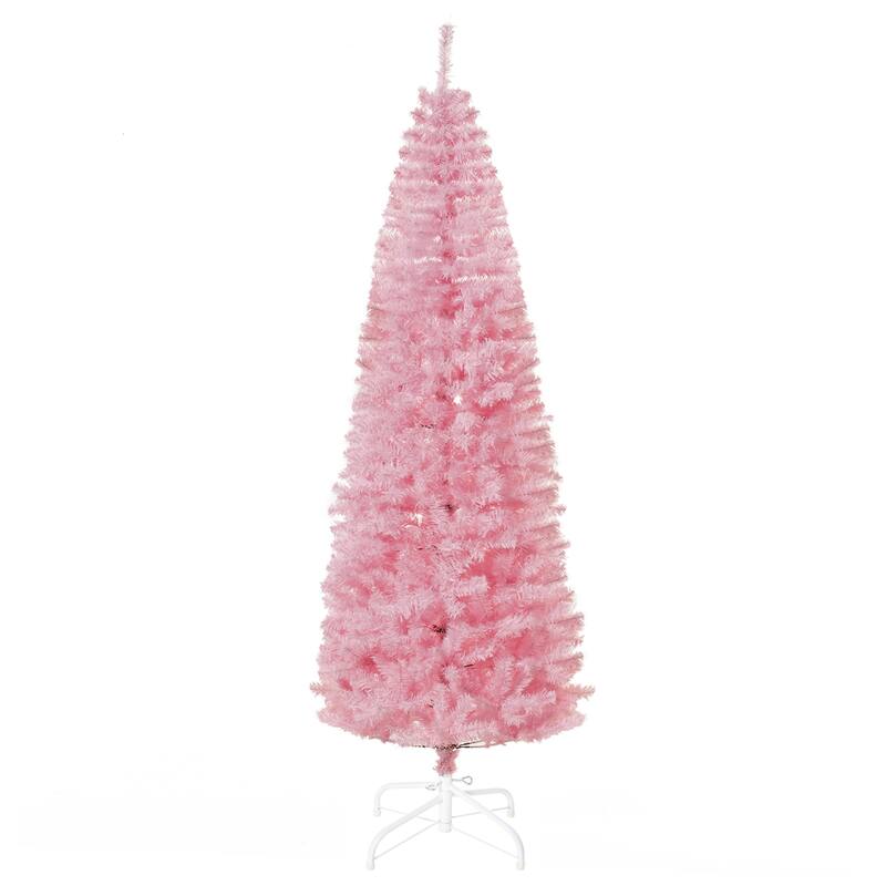 7' Slim Pink Artificial Christmas Tree, Full-Branch Design with Stable Base