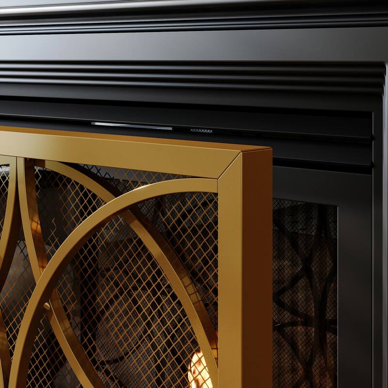 Gold Metal Fireplace Screen, Decorative Single Panel Fire Screen with Geometric Design, Mesh Spark Guard
