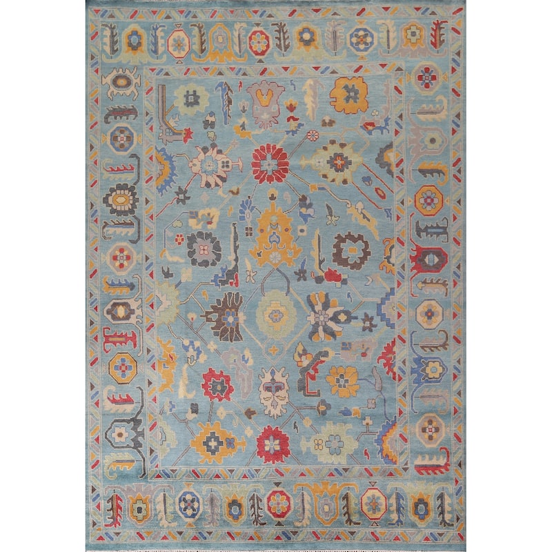 Light Blue Oushak Indian Area Rug Hand-Knotted Floral Wool Carpet - 8'11"x 11'11"