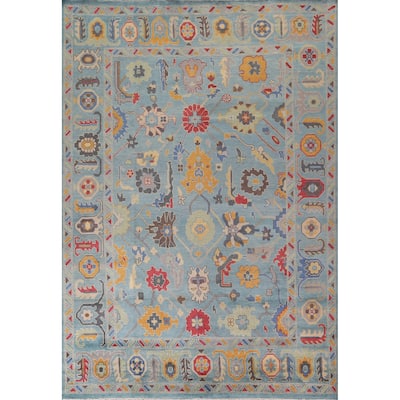 Light Blue Oushak Indian Area Rug Hand-Knotted Floral Wool Carpet - 8'11"x 11'11"