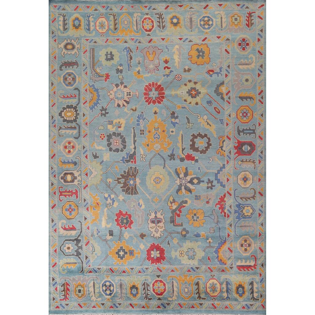 Light Blue Oushak Indian Area Rug Hand-Knotted Floral Wool Carpet - 8'11"x 11'11"