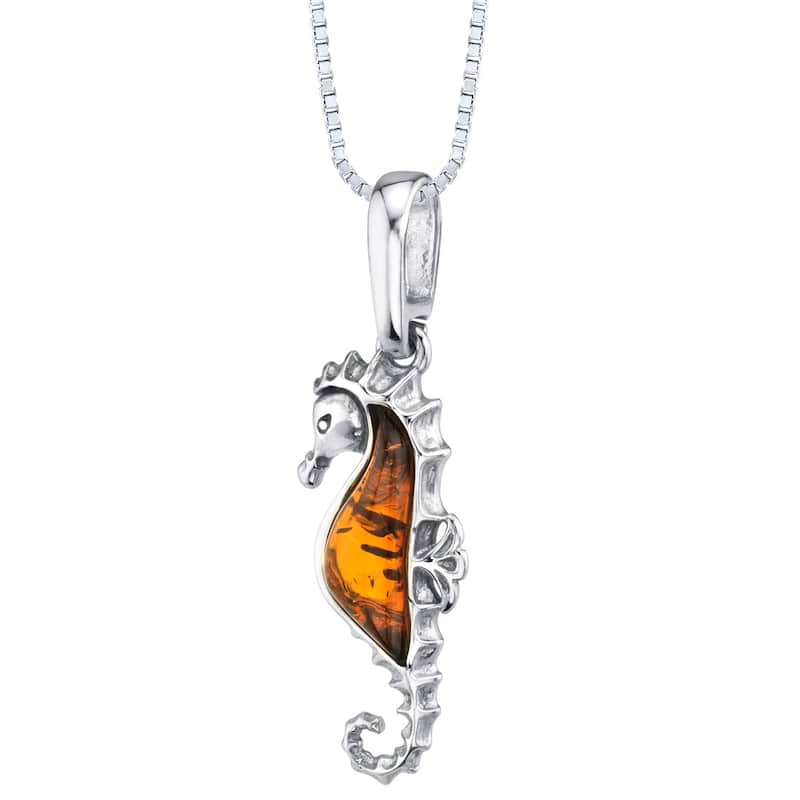 Amber Seahorse Pendant in Sterling Silver