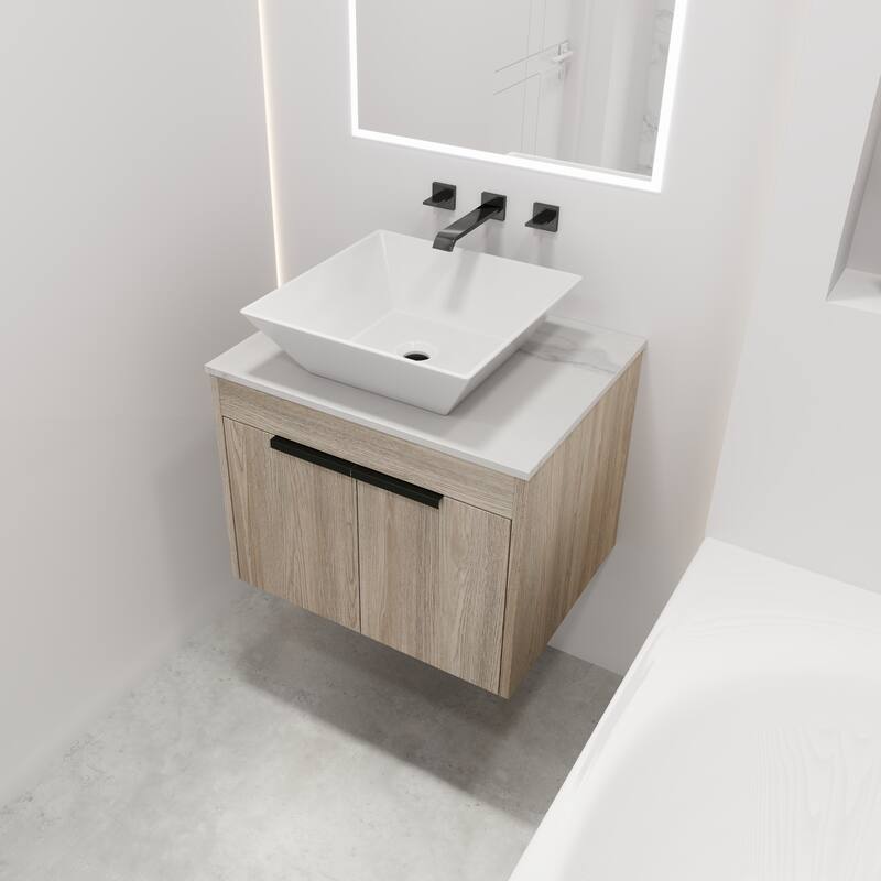 24 "Float Bathroom Vanity With Ceramic Basin Set,Wall Mounted Oak Vanity,Soft Close Door,KD-Packing,KD-Packing,2 Pieces Parcel