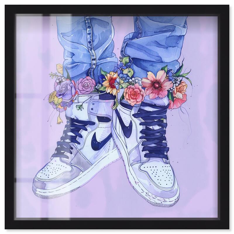 Lilac Floral Bloom Sneakers Shadowbox by Art Remedy - Black - 30" x 30"