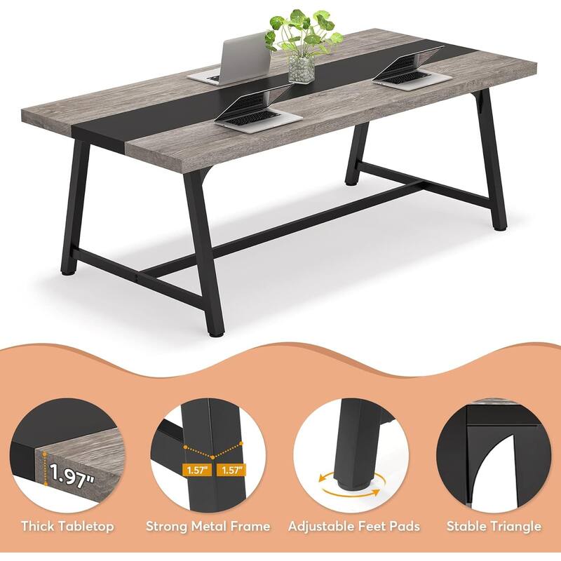 70", Modern Rectangular Conference Table for 6-8 People, Grey & Black