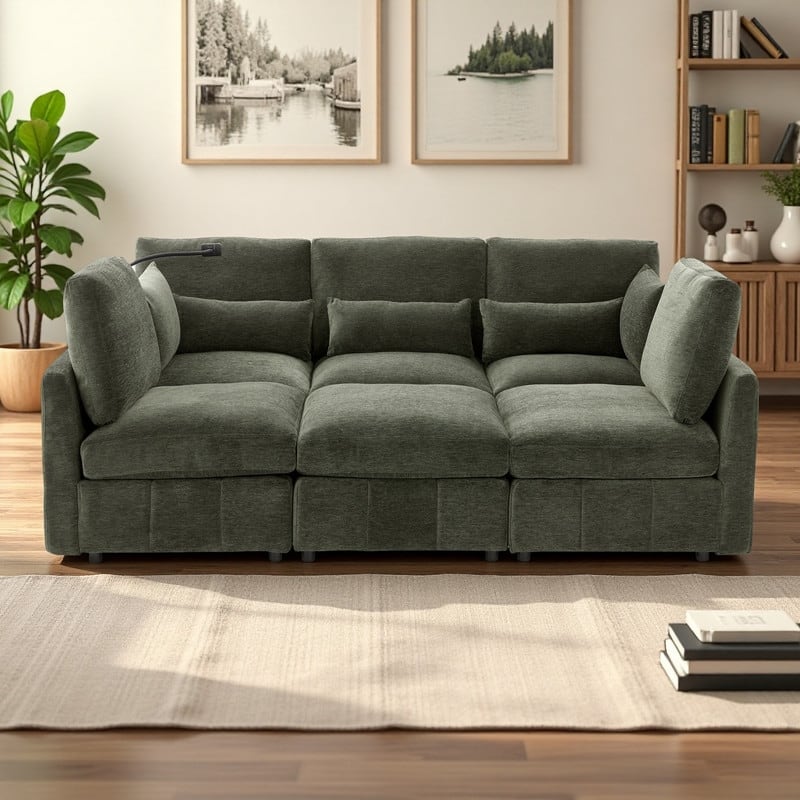 85.4" Chenille U-Shaped Sectional Sofa with Ottoman, USB Ports and Phone Holder, 5-Seat L-Shaped Convertible Couch Bed - Green