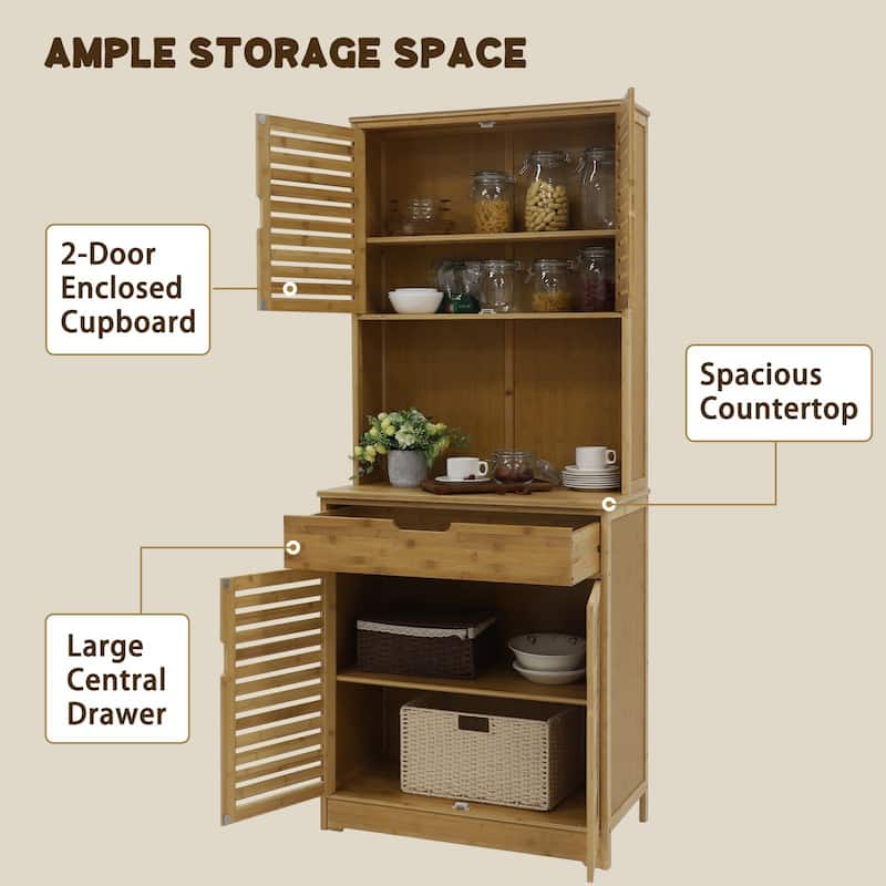 VEIKOUS 72'' Magnetic Door Stopper Hollow-Carved Bamboo Door Kitchen Storage Cabinet with Drawer Worktop, Removable Bamboo Shelf