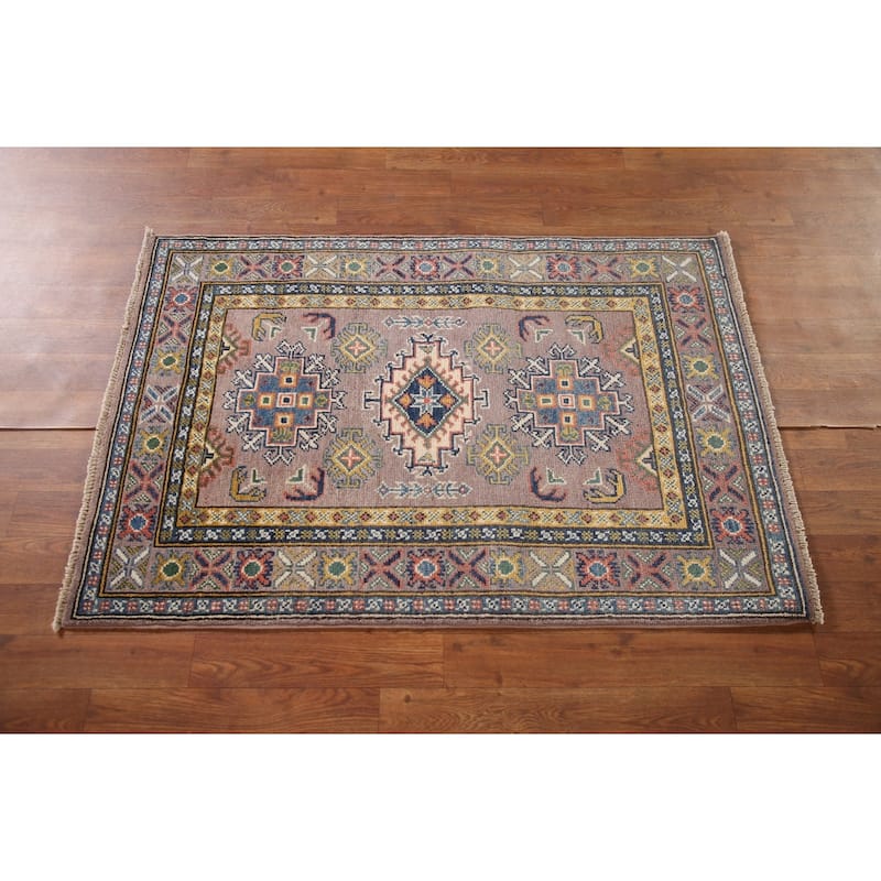 Brown Geometric Kazak Accent Rug Wool Carpet - 2'9" x 4'1"