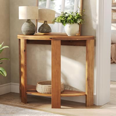 Farmhouse Solid Wood Small Half Moon Console Table with 2-tier Storage