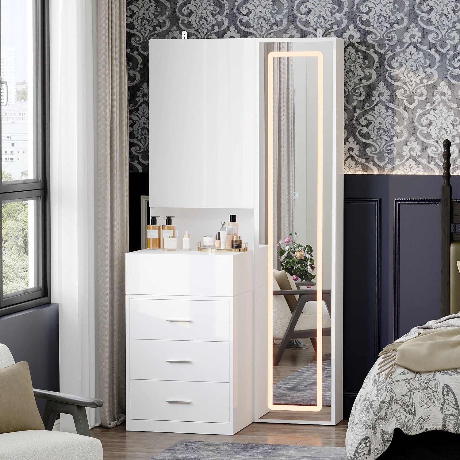 mirror for dresser white Kyna Mirror, Beveled Glass, Classic Antique Solid Wood, 40X42 Drawer Dresser 1845-5 Contemporary Bright White Wood