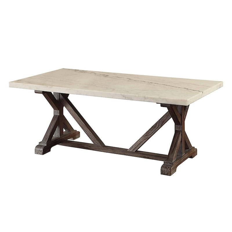 Marble Rectangle Shaped Coffee Table with Wooden Trestle Base, White and Espresso Brown