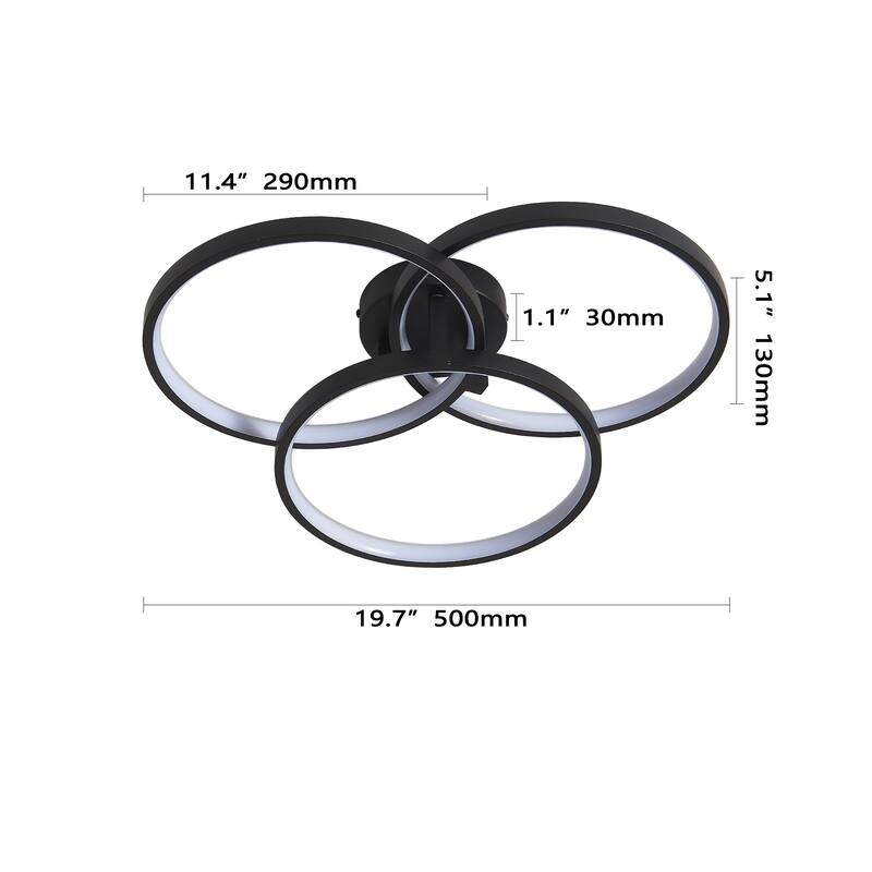 20" Modern Black LED Ceiling Light, 3-Ring Flush Mount Fixture Sleek and Energy-Efficient Design, Easy Installation
