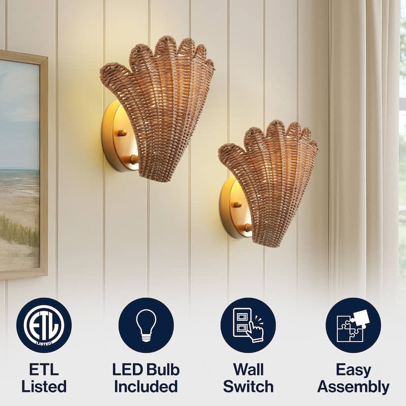 Elodie 11.5" Coastal 1-Light Rattan Scallop Shell LED Wall Sconce, (Set of 2)
