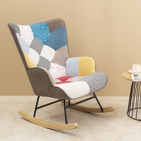 Rocking Chair Fabric Rocker Chair with Wood Legs Patchwork Linen - 22*29*36.5INCH