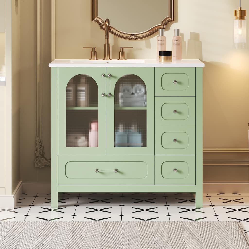 36" Bathroom Cabinet with Waffle Texture Doors,Bathroom Vanity with Four Drawers and Two Soft-Closing Doors with Glass Doors