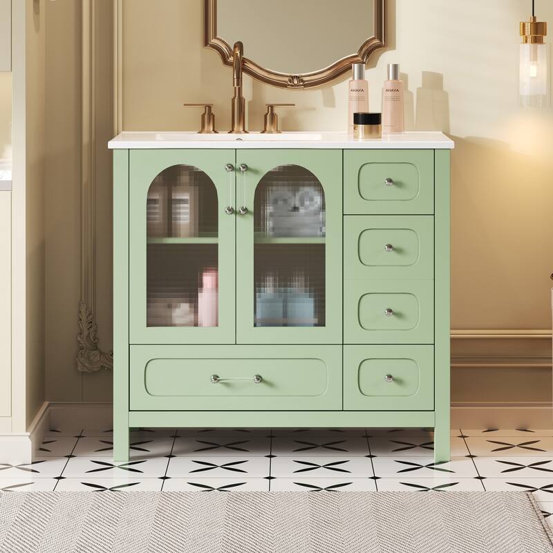 36" Bathroom Vanity with Waffle Texture Doors - 4 Drawers, 2 Soft-Closing Doors, Glass Accents, Modern Storage Cabinet - Green