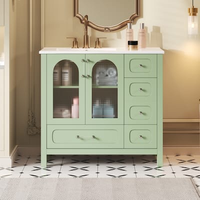 36" Bathroom Vanity with Waffle Texture Doors - 4 Drawers, 2 Soft-Closing Doors, Glass Accents, Modern Storage Cabinet