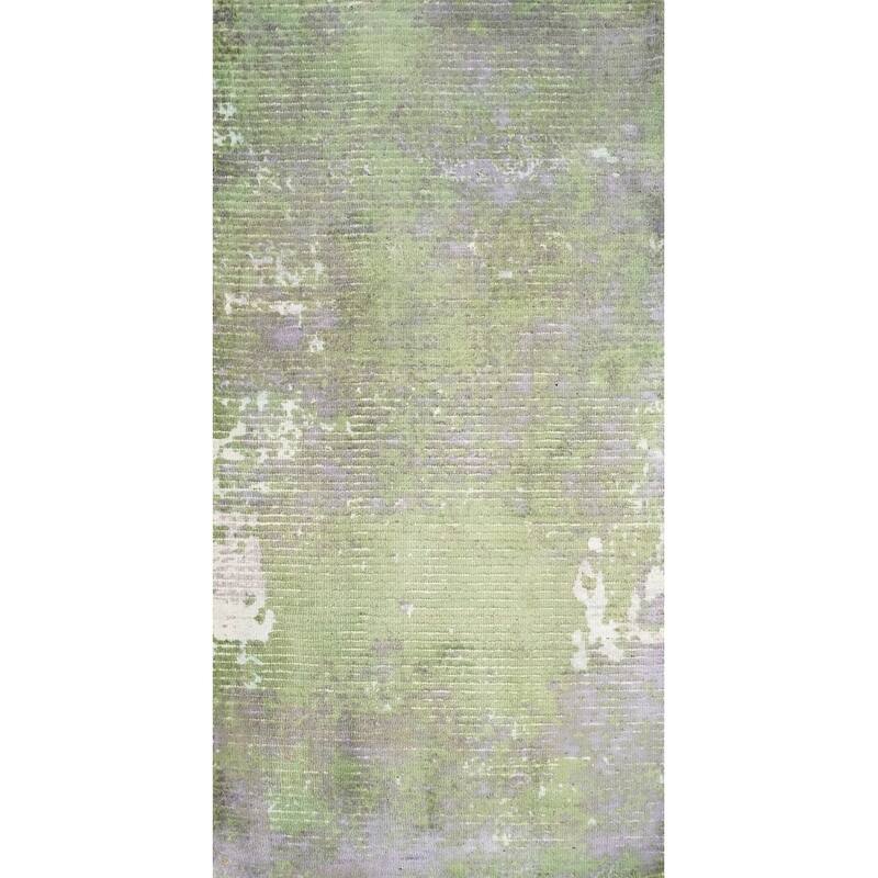 Hand Knotted Oriental Viscose Silk Carpet Modern All-Over Green Abstract Area Rug - 4' 0'' X 2' 0''