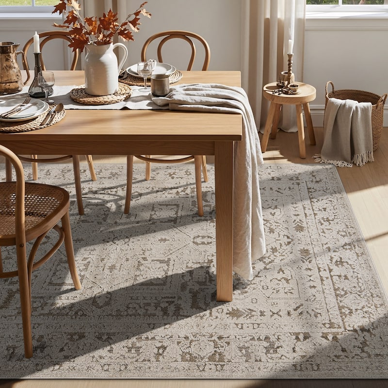 World Rug Gallery Textured Medallion Earth Beige Indoor High-Low Area Rug