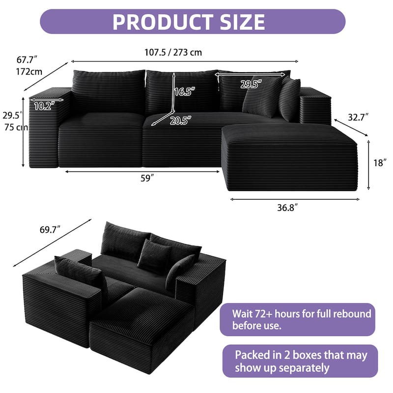 108" Modular Sectional Couch with L-Shape Chaise, Modern Cloud Sectional Sofa with Deep Seat