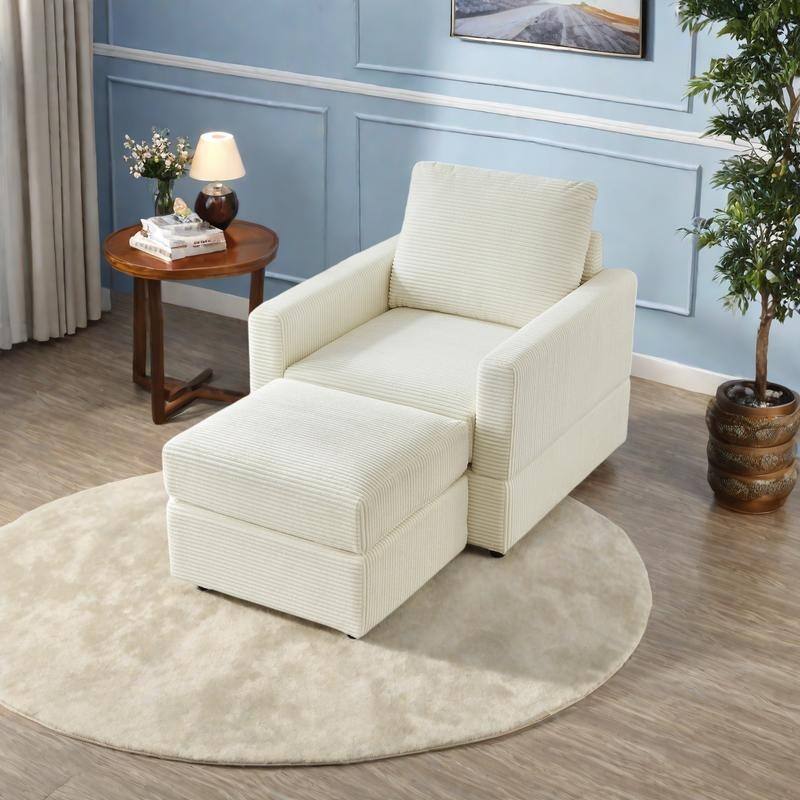 Corduroy Chaise Lounge Set with Ottoman and Adjustable Backrest - Beige