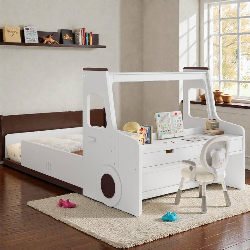 Kids Car Floor Bed with Storage Drawers and Desk, Car-Shaped Wood Floor Bed with Window, Twin Full Sizes - White - Twin