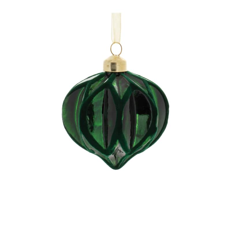 Geometric Ribbed Glass Christmas Ornaments - 5" - Green - 12ct