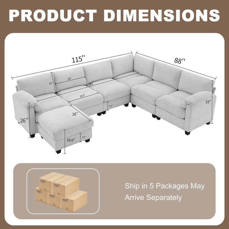 Multi-Seater Corduroy Sectional Sofa, Modular Settee, Included Removable Ottomans