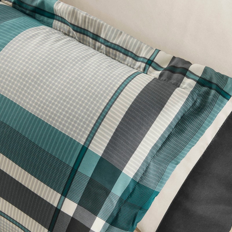 7 PCS Twin Plaid Comforter Set with Bed Sheets Teal/Black