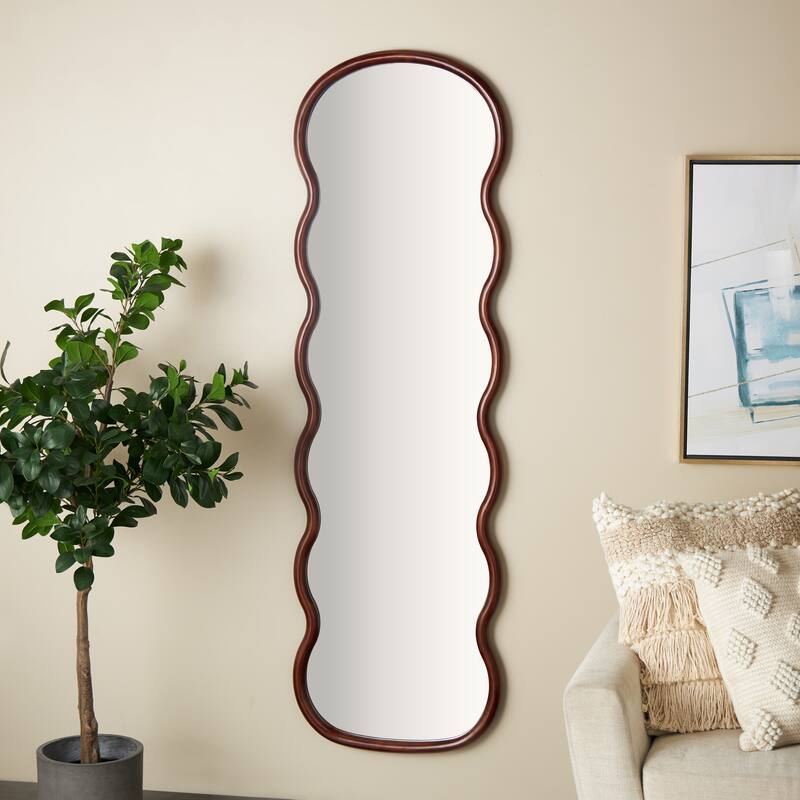 Dark Brown Wood Wavy Room Wall Mirror - Brown