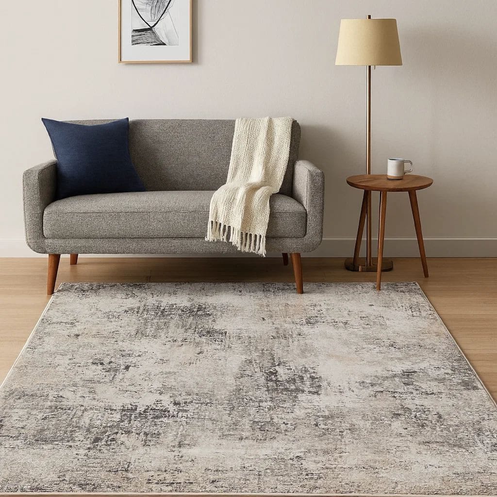 Elanor 5 x 7 Area Rug, Modern Abstract Design, Gray Polyester, Jute Backing - 5 x 7