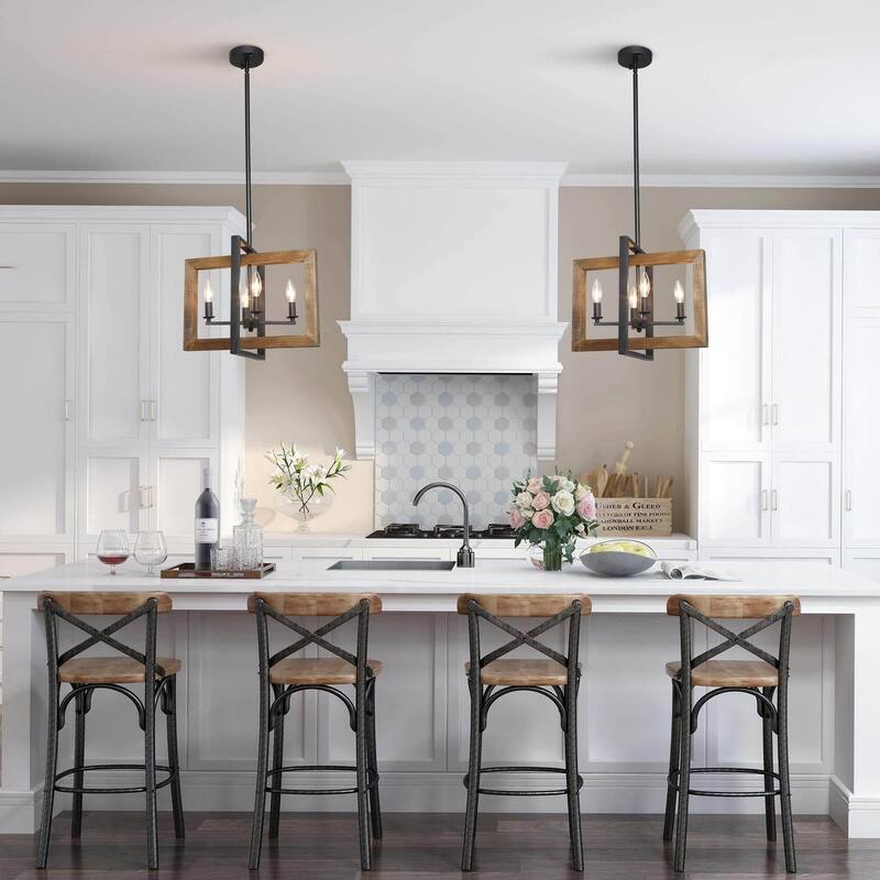 Farmhouse 6-Light Wood Rectangle Chandelier Island Lights for Dining Kitchen Island