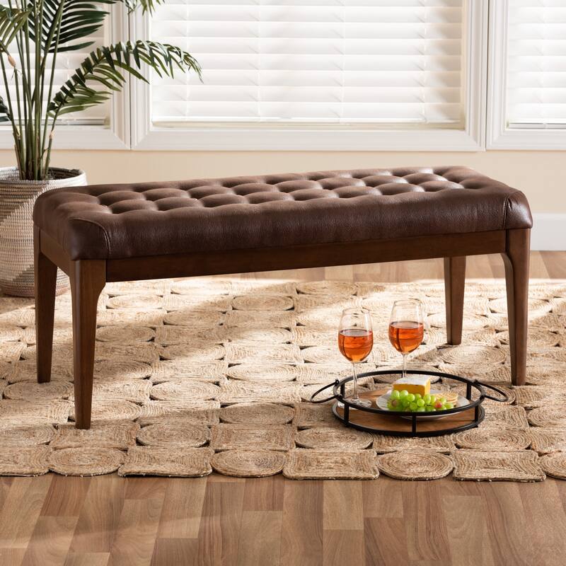 Walsh Mid-Century Modern Leather-Effect Polyester Upholstered Wood Dining Bench