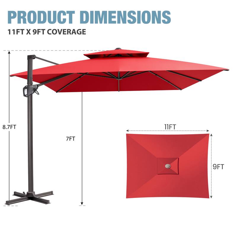 VredHom Outdoor 9x11FT Patio Dual Top Cantilever Offset Umbrella