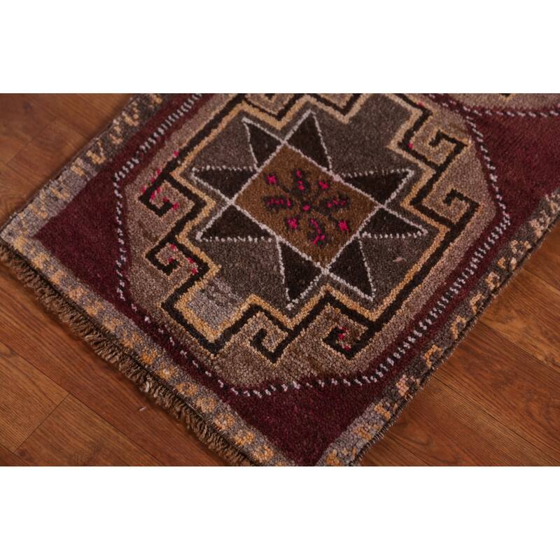 Hand Knotted Oriental 100% Wool Carpet Transitional Tribal Purples Anatolian Area Rug - 2' 11'' X 1' 7''