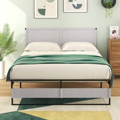 Metal Platform Bed Frame with Headboard, Heavy Duty Steel Slats Bed Base, No Box Spring Needed, Easy Assembly