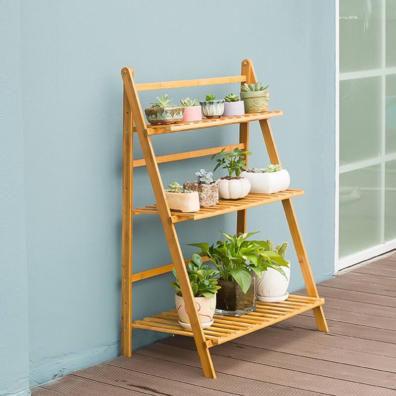 Bamboo Wooden 3-Tier Ladder Plant Stand Foldable