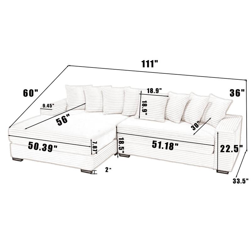 L Shaped Sectional Sleeper Sofa Corduroy Corner Sofa with Chaise Lounge and 8 Throw Pillows, Oversized Modular Daybed