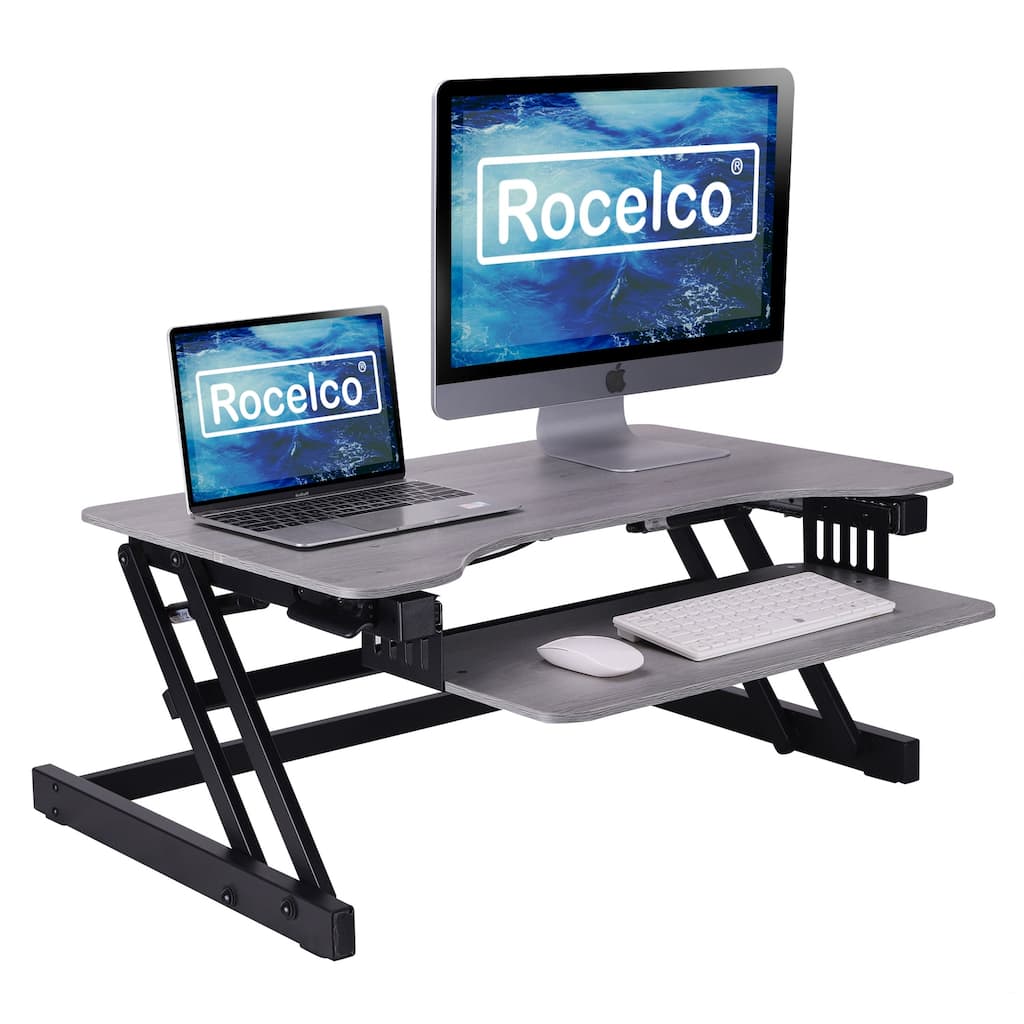 Rocelco 32 in. W Gray Height Adjustable Standing Desk Converter Keyboard Tray Up Double Monitor Riser Computer Workstation