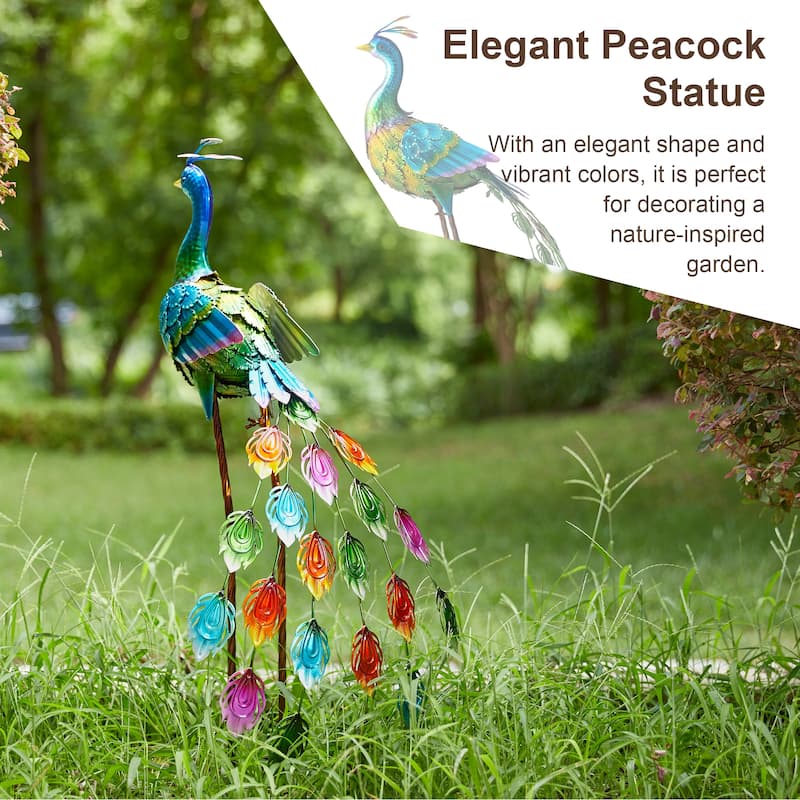 Glitzhome Metal Standing Peacock Garden Statue with Stakes for Indoor Outdoor