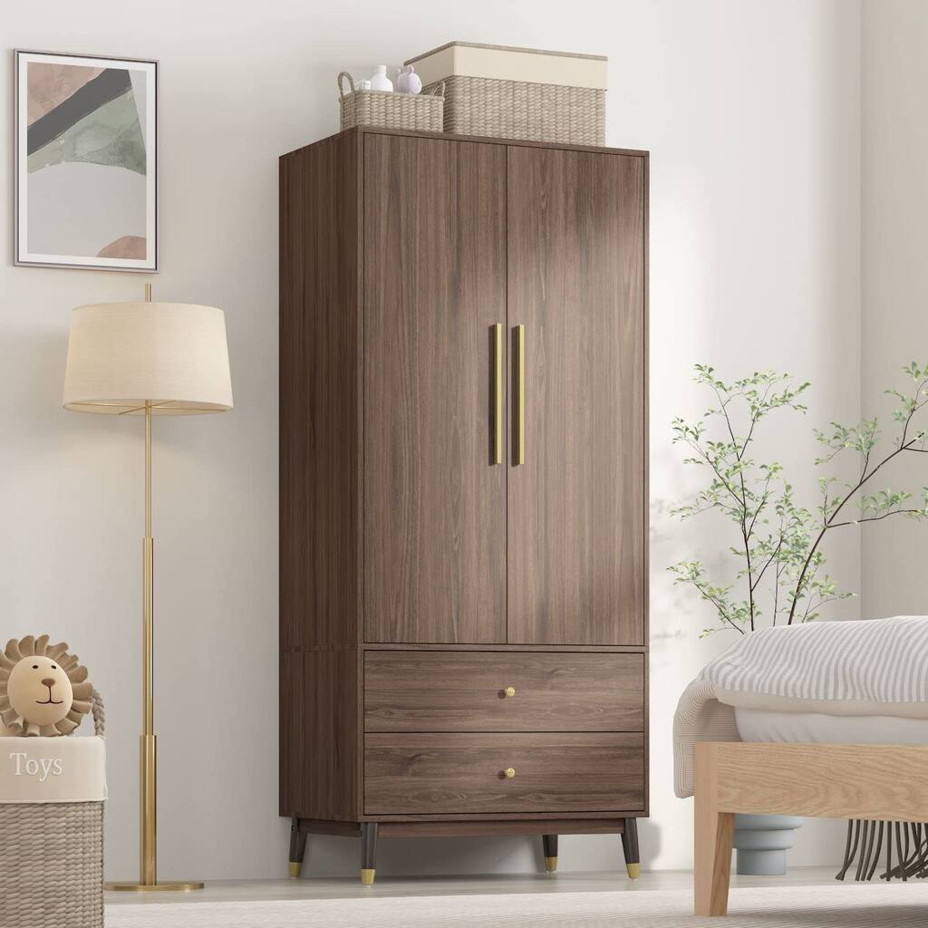 2-Door Wardrobe Closet with 2 Drawers, Armoire Wardrobe Closet with Hanging Rod, Bedroom Armoire Closet with Wooden Legs