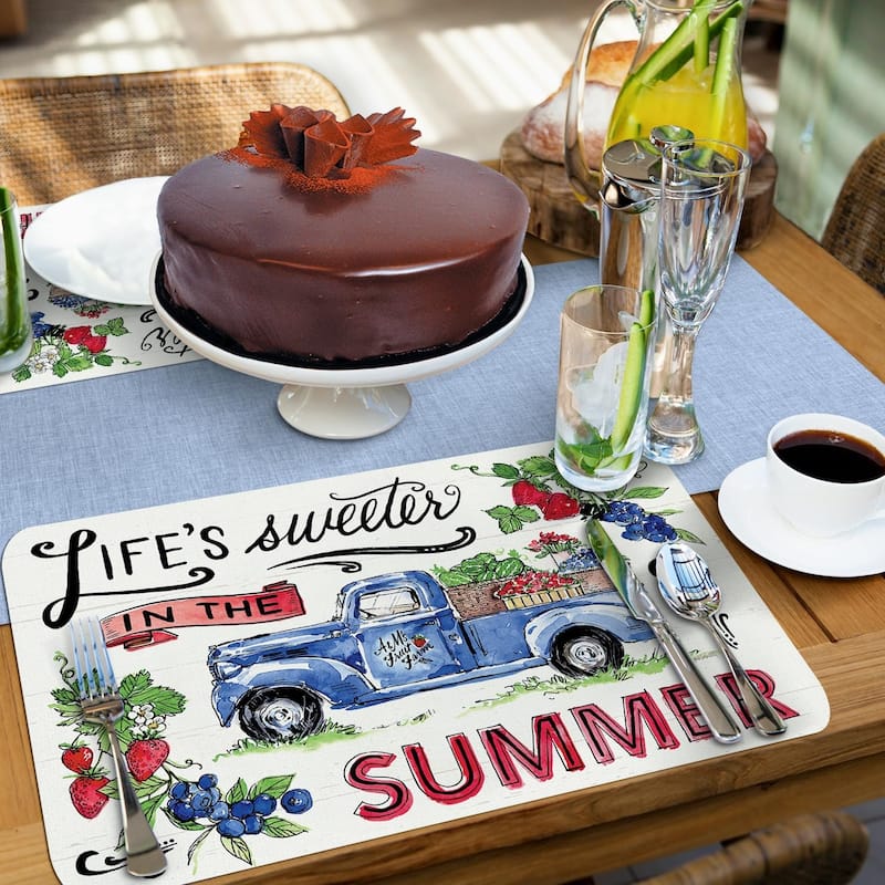 Sweet Summer 4 Pack Reversible Easy Care Flexible Plastic Placemats Made in The USA BPA Free Easily Wipes Clean