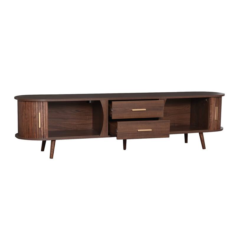 70.8" Woodgrain TV Stand with Sliding Doors and 2 Drawers - Waterproof Surface, Solid Wood Legs for 75" TVs