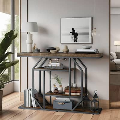 Industrial Retro Console Table Metal Wood Accent Tables - 48" W x 12" D x 32.6" H
