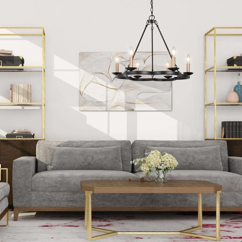 Modern Farmhouse Wagon Wheel Chandelier Black 6-light Candle Ceiling Lights for Kitchen