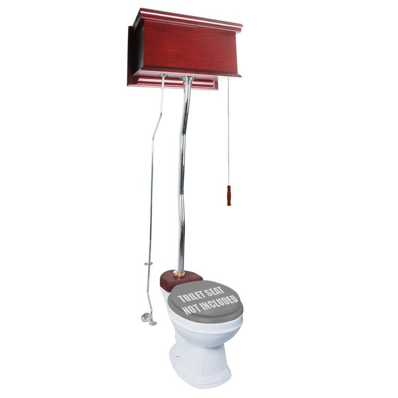 High Tank Toilet - Cherry Wooden Flat High Tank, Round Bowl and Chrome Plated Z Pipe Renovators Supply