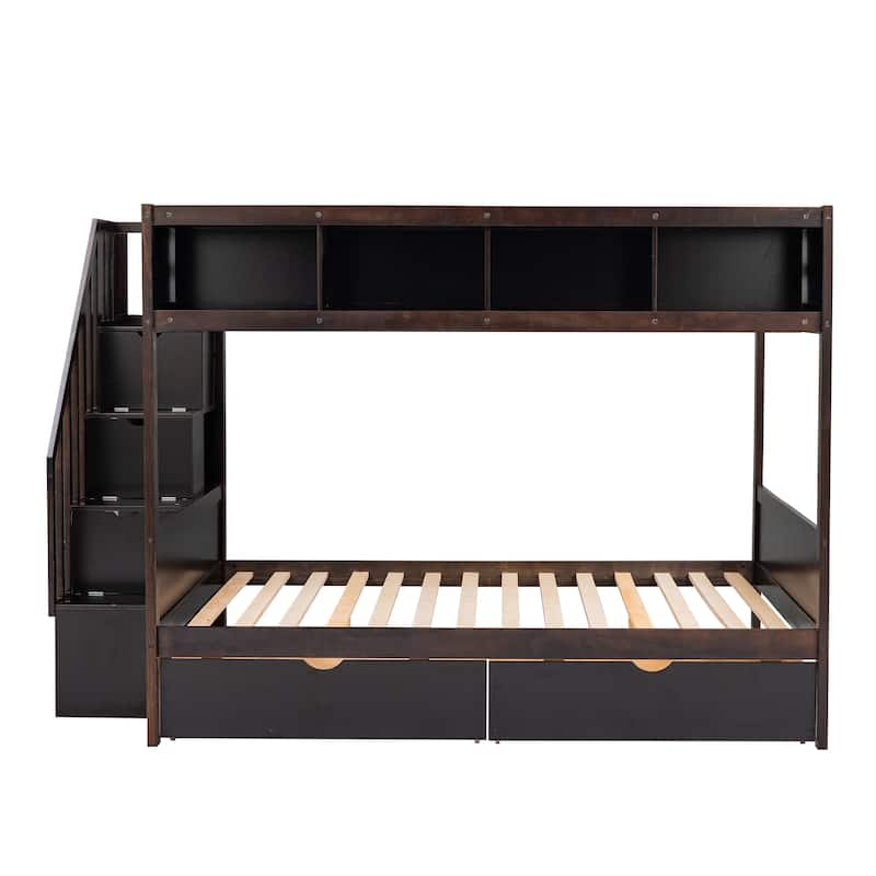 Twin Over Full Bunk Bed with Shelves, Storage Staircase and 2 Drawers