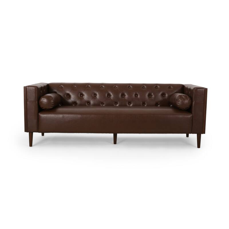 Biya Sofa, 3 Seater, 90 Inch, Tufted Dark Brown Faux Leather, 2 Pillow